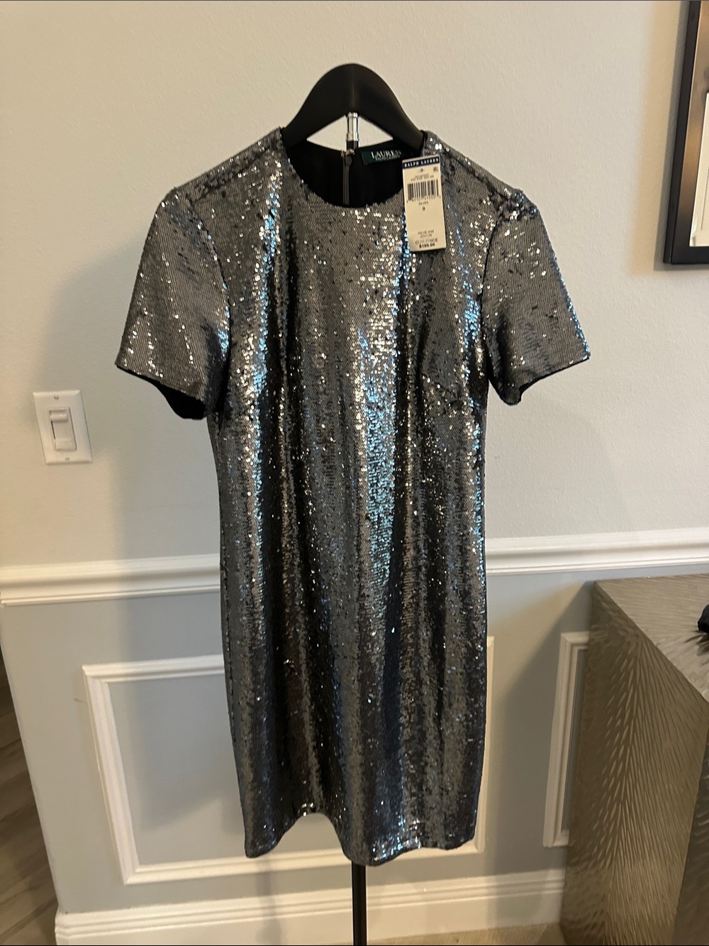 Ralph Lauren Metallic Silver Sequin Short-Sleeve Shift Dress